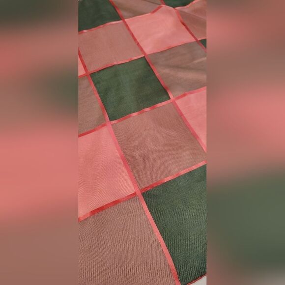 Vintage Checkered Square Scarf Pink & Grey Ribbon Rolled Hem - Picture 8 of 11